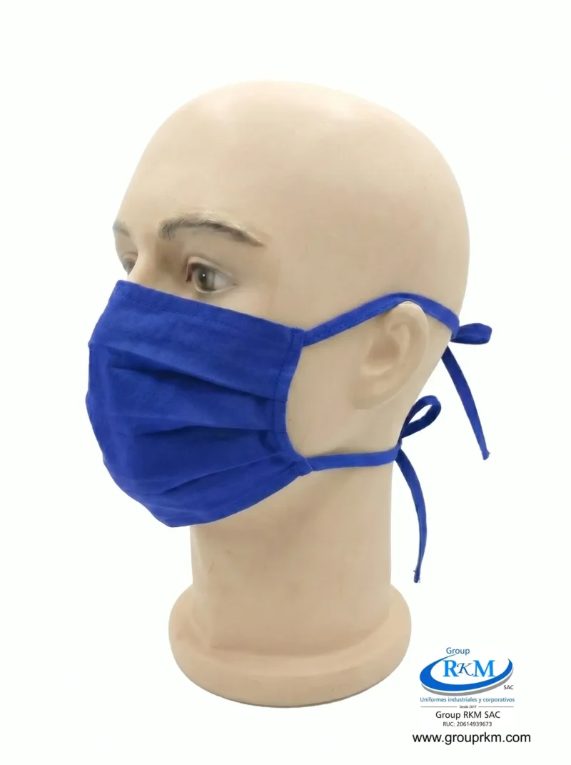 Mascarilla de tela plana con amarres en DRIL Azulino
