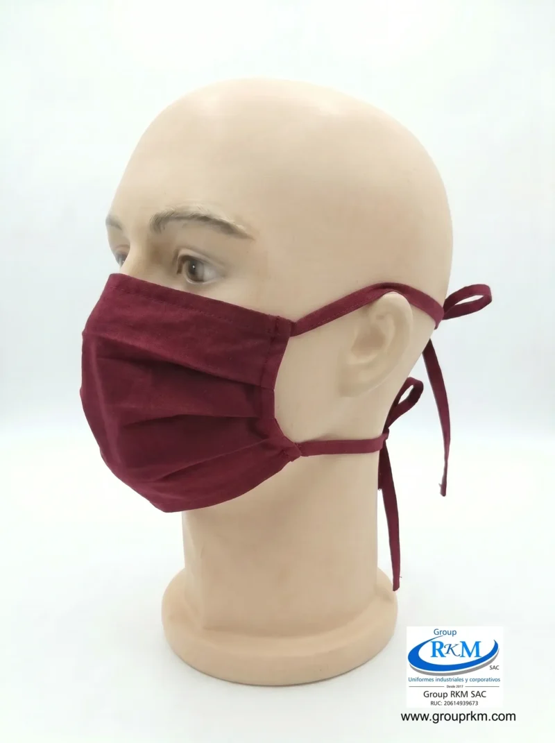 Mascarilla de tela plana con amarres en DRIL Rojo Guinda