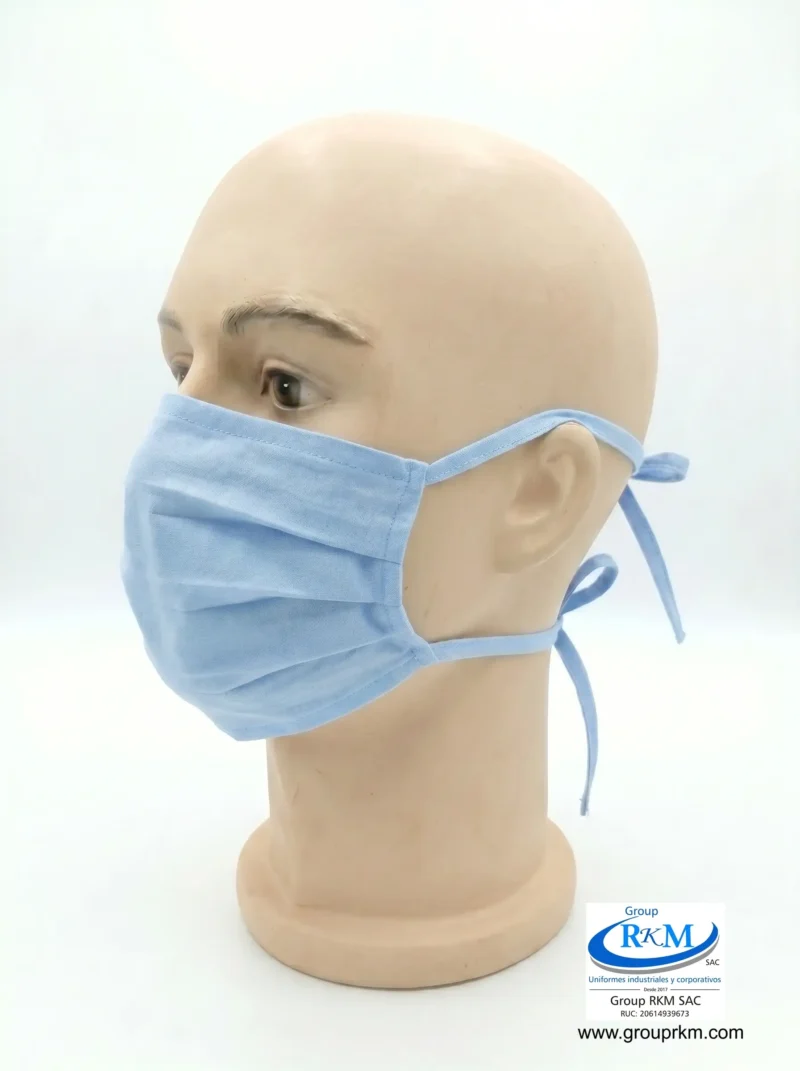 Mascarilla de tela plana con amarres en DRIL celeste Claro